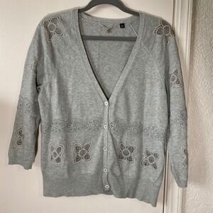 Knitted & Knotted Gray Lace Detail Button Front Cardigan Sweater Womens